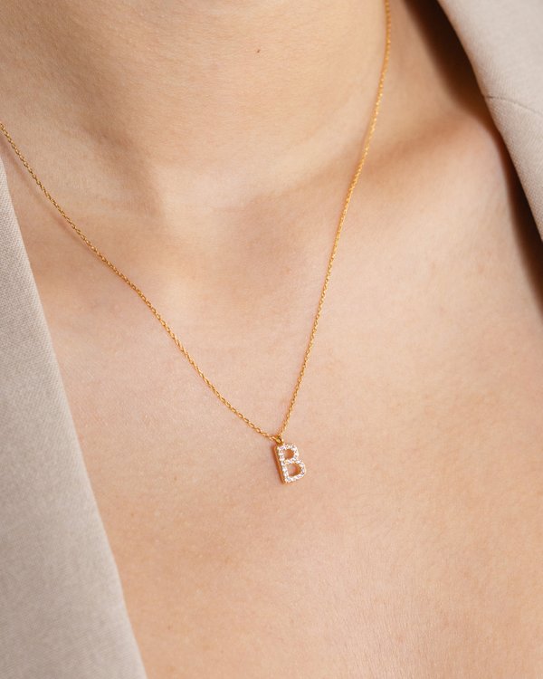 Pavé Initial ‘B’ Necklace in Gold 
