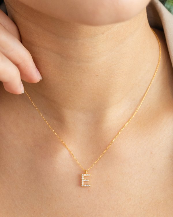 Pavé Initial ‘E’ Necklace in Gold 