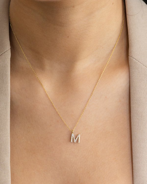 Pavé Initial ‘M’ Necklace in Gold 