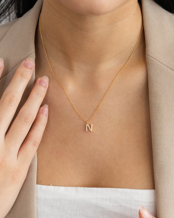 Pavé Initial ‘N’ Necklace in Gold 