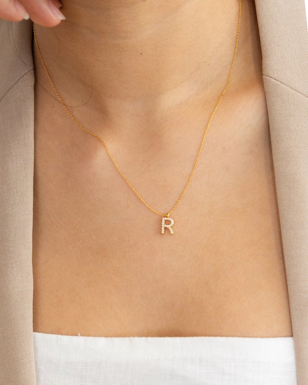 Pavé Initial ‘R’ Necklace in Gold 