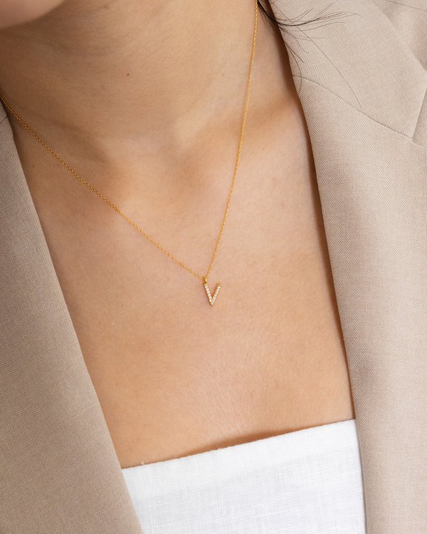 Pavé Initial ‘V’ Necklace in Gold 